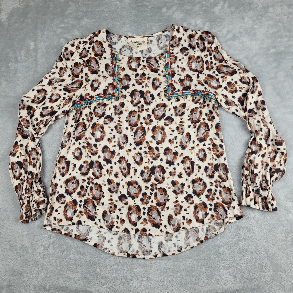 Savanna Jane Women's Top M Blouse Animal Print Embroidered Long Sleeve  Western